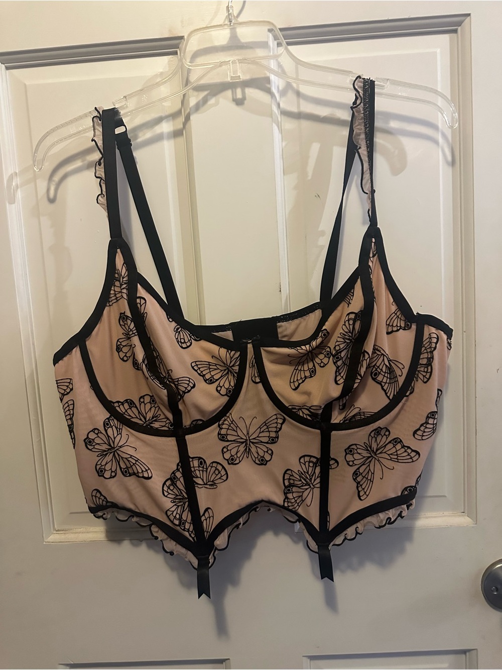 Sheer Butterfly Longline Underwire Bralette in Blush with Black Trim